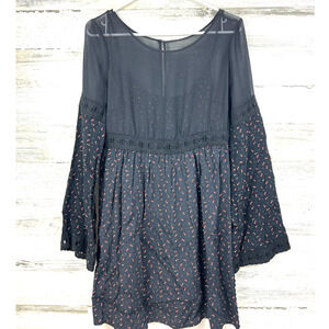 Free People Womens 4 Black Geometric Babydoll Tunic Mini Dress Boho Flare Sleeve